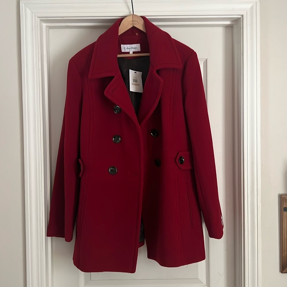 Calvin Klein Red Pea Coat **Brand New with Tags